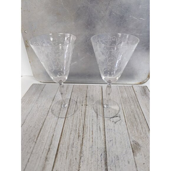 Vintage Needle Etched Wine Glasses Set Of 2 Fostoria Woodland Circa 1922 Goblet - Picture 1 of 5